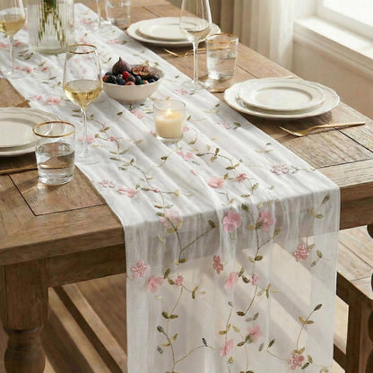 Artoid Mode Pink 3D Flower Gauze Embroidery Table Runner 120 Inch 10FT, Tulle Seasonal Spring Kitchen Dining Holiday Table Decor for Home Party