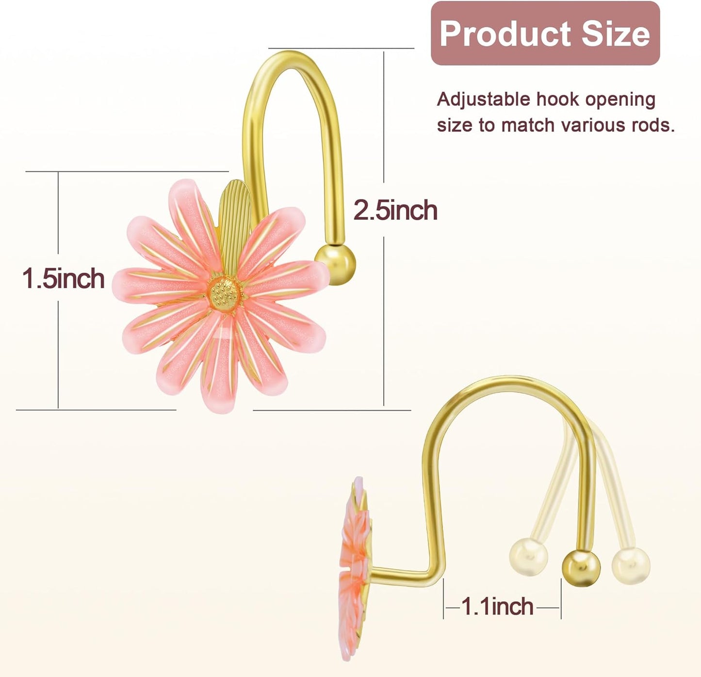 Shower Curtain Hooks, Rust Resistant Cute Daisy Metal Decorative Shower Rings Hangers Set of 12 for Bathroom Curtains,Clothing, Towels (Gold Pink)