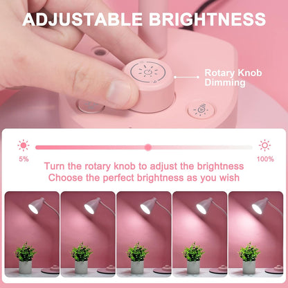 BOHON Cute Desk Lamp with USB Charging Port, Pink Lamp 3 Color Modes Dimmable LED Reading Lamp, Flexible Neck Auto Dimming Table Task Light for Home Office Dorm Bedside, Pink