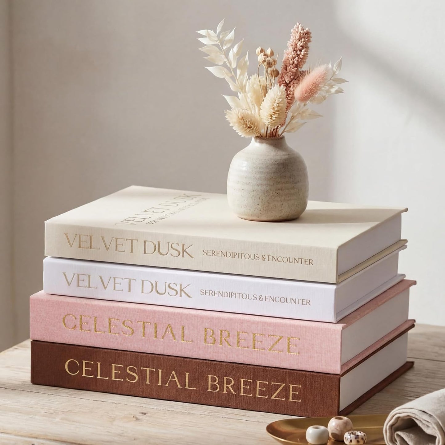 Novabright Decorative Books Set of 4, Faux Books Storage Box Fake Decorative Book for Home Coffee Table Photo Storage Mantel Shelf Bookshelf decor (Cherry Blossom Pink, Beige, Brown, White)