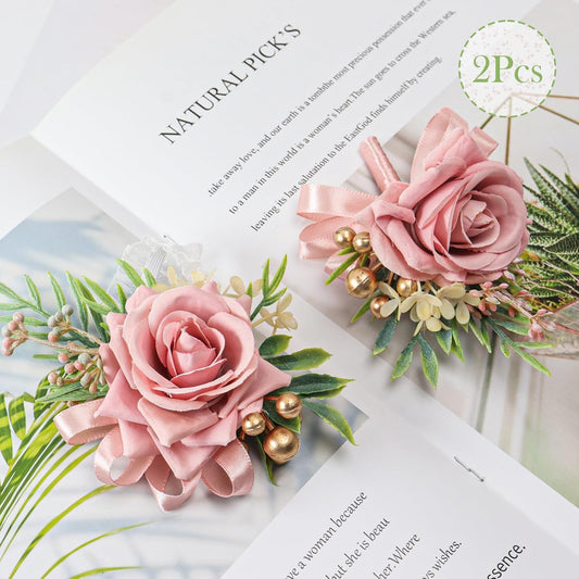 2 Pcs Pink Rose Corsage and Boutonniere Set for Wedding, Artificial Flower Prom Wrist Corsage, Wrist Corsage and Men Boutonniere Set for Prom Suit Decoration Wedding Flower Party Accessories