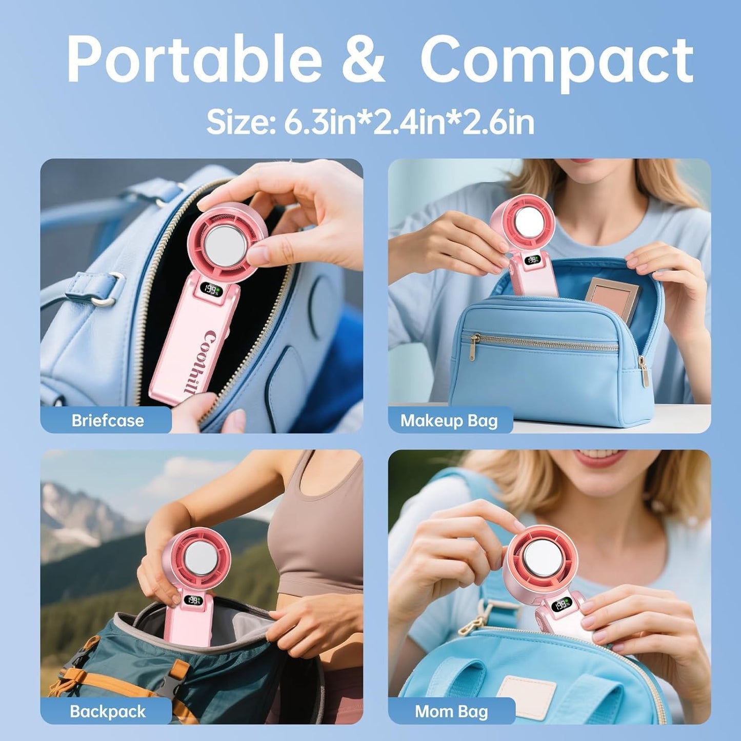 Handheld Portable Fan with Ice Cooler: 199-Speed 5500mAh Rechargeable Handheld Fan, 12H Time Hand Cooling Personal Fans with 20000 RPM Air Turbo Tech for Travel Outdoor (Pink)