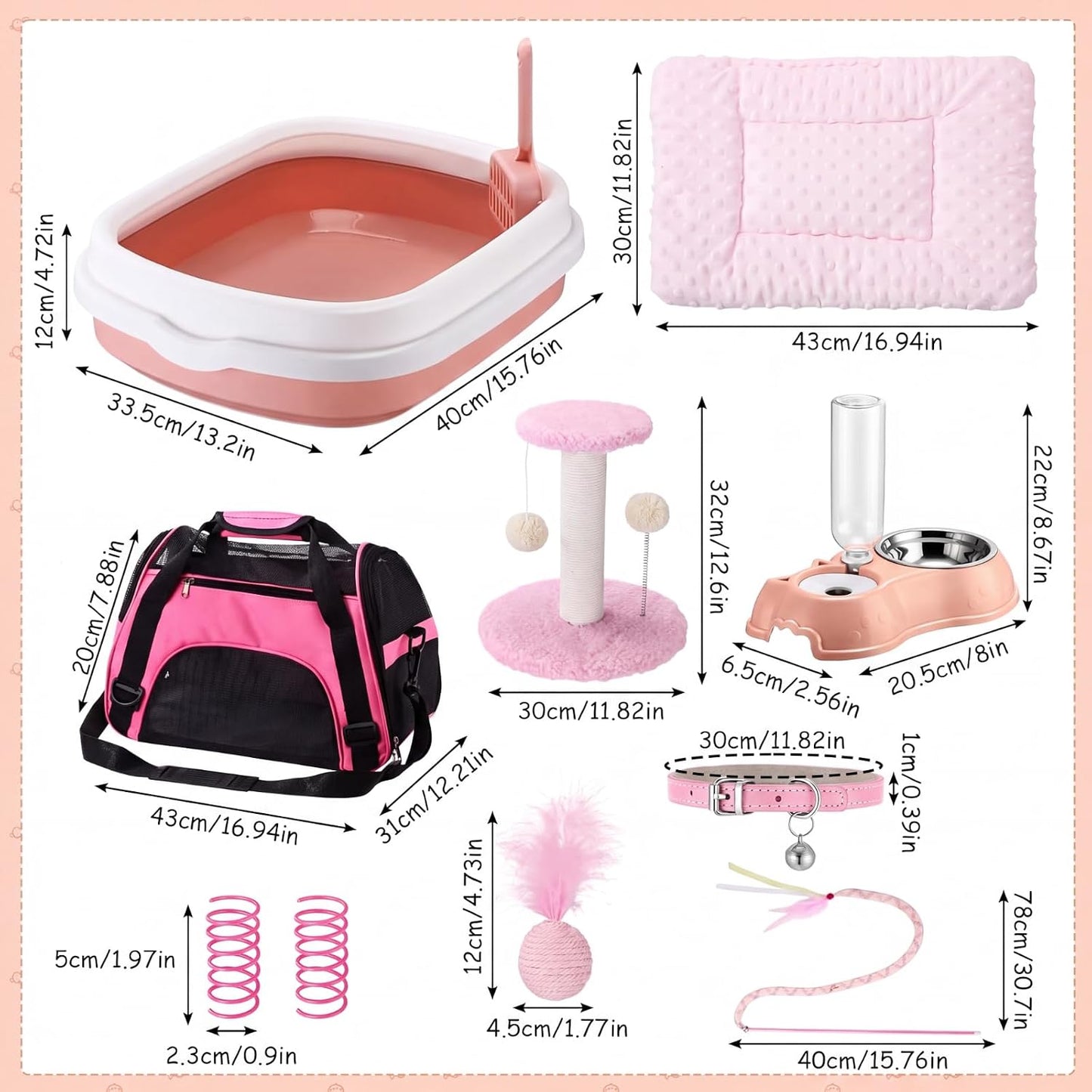 Eccliy Kitten Starter Kit, 10 Pcs Cat Starter Kit for Indoor Cats Kitten Essentials Includes Litter Box, Pet Toy, Folding Carrier, Climbing Frame, Mat, Collar, Automatic Food Bow(Classic,Pink)