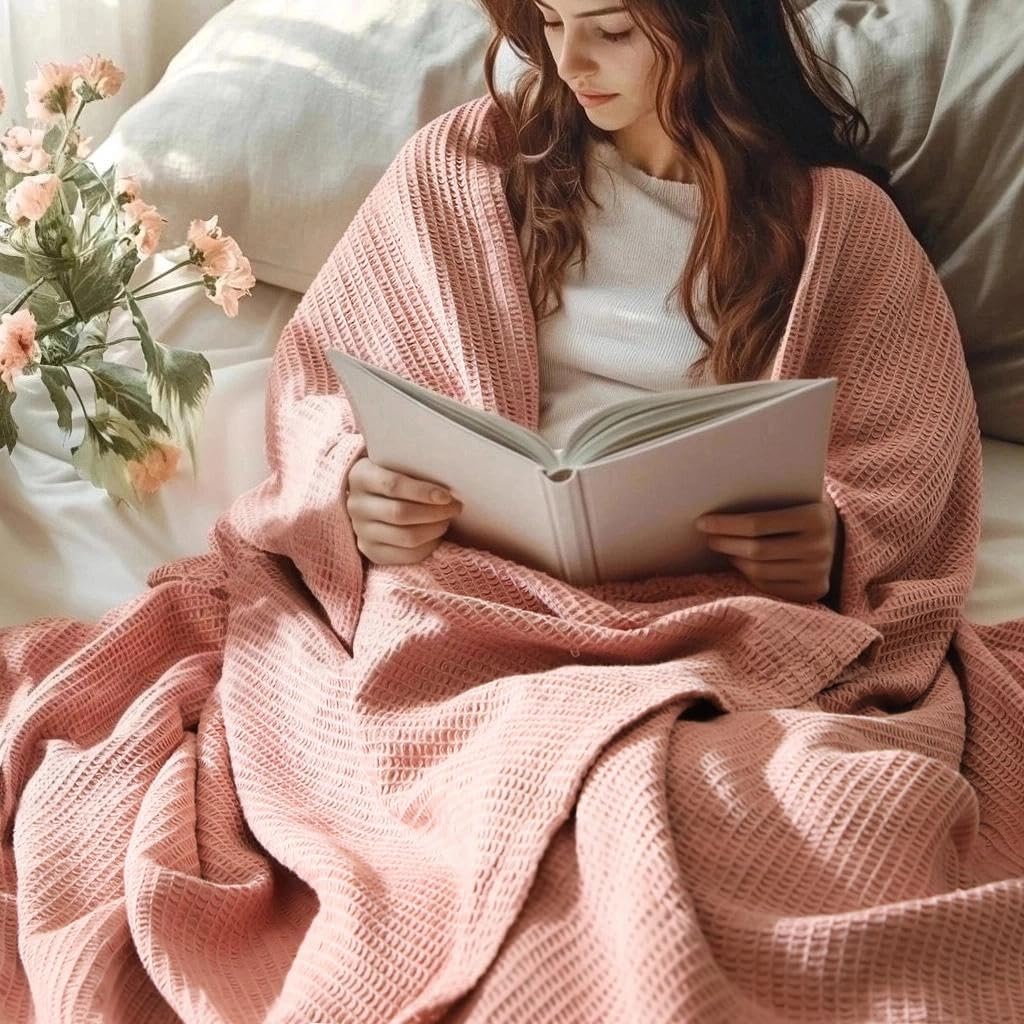 ISAENNE Pink Thin Waffle Weave 100% Cotton Throw Blanket,Solid Color Breathable Soft Cooling Blanket,Lightweight and Skin Friendly Blankets for Bed,Camp,All-Season Use,Christmas,80x60 Inches