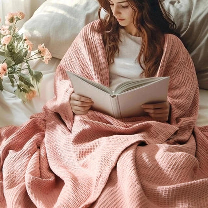 ISAENNE Pink Thin Waffle Weave 100% Cotton Throw Blanket,Solid Color Breathable Soft Cooling Blanket,Lightweight and Skin Friendly Blankets for Bed,Camp,All-Season Use,Christmas,80x60 Inches
