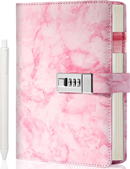 CAGIE Marble Diary with Lock for Girls and Women, Waterproof Journal with Lock 192 Pages Secret Girls Locked Diary with Pen, Password Locked Journals for Teen Girls, A5 Pink