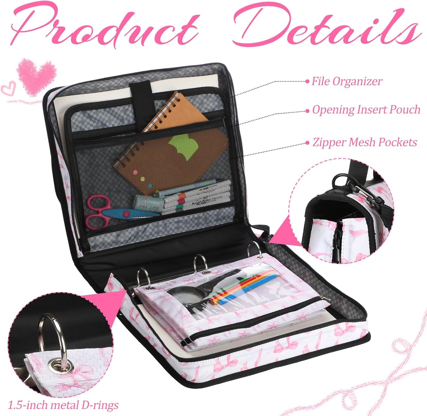 4 Pcs Pink Bow Zipper Binder with Pouch Bag Set 1.5 Inch 3-Ring Expanding Folders with Shoulder Straps and Handle Coquette Bag Bowknot Keeper Watercolor Zipper Case