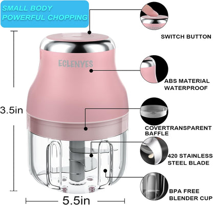 Vegetable Chopper, Electric Garlic Chopper, 250ML USB Rechargeable Mini Blender, Powerful Small Food Processor, Blender to Vegetable, Wireless Food Cutter for Ginger, Chili, Fruit, Meat, etc（Pink）