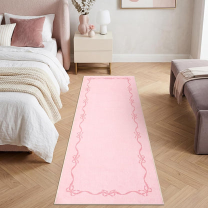 Garvee 2x6 Bow Runners for Hallways Non Slip, Kitchen Runner Rug Solid Pink Rugs for Bedroom Girls, Soft Low Pile Washable Floor Mat Coquette Rug for Nursery Entryway Dorm Laundry Room