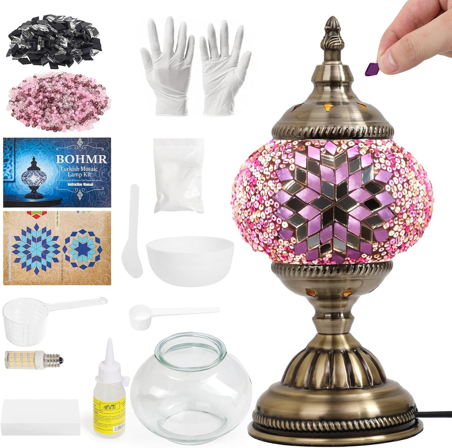 DIY Turkish Mosaic Lamp Kit, Stained Glass Table Lamp Making Kit- Easy and Fun, No Experience Needed, Mosaic Art & Craft Project Kits for Adults & Teens, Make Your Own Table Lamp,Pink