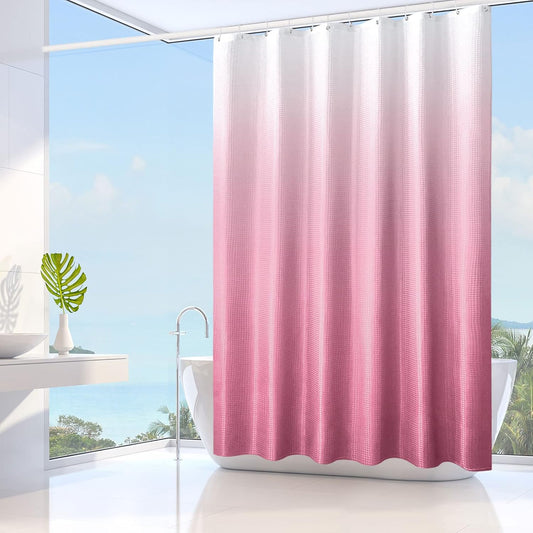 Gibelle Pink Shower Curtain, Ombre Fabric Shower Curtains for Bathroom, Waffle Weave Textured Bathroom Curtain with Hooks, Water Repellent and Machine Washable, 72 x 72