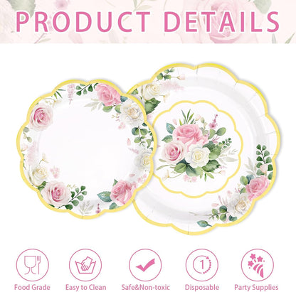 250Pcs Floral Tea Party Supplies Pink Floral Scalloped Plates Napkins Cups Pink Flower Garden Tableware Set for Spring Wedding Bridal Shower Baby Shower Garden Tea Party Decorations Serves 50