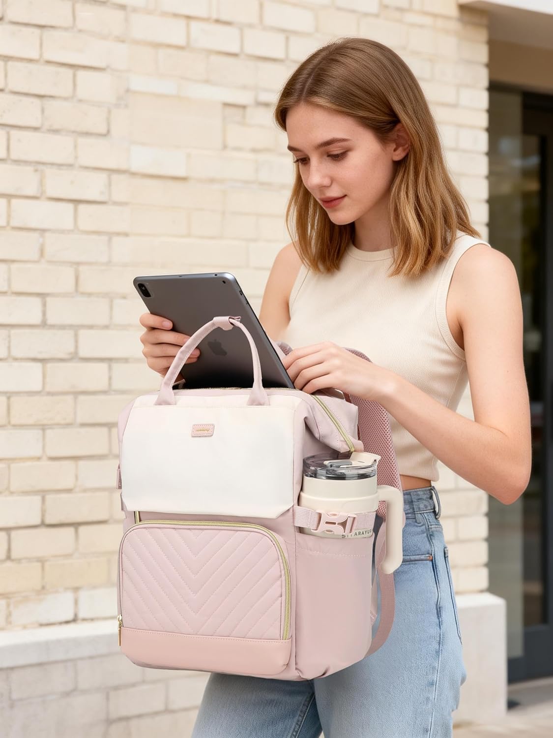 Large Bookbag for Women Laptop Backpack, Teacher Nurse Work Computer Bags with Cup Holder & USB Charger for Travel, School Bag College Back Pack for Girls, Beige Pink