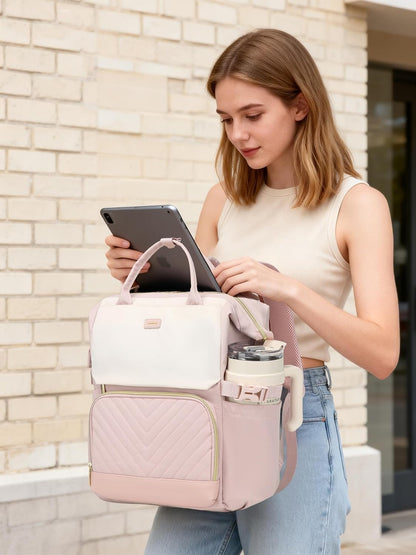 Large Bookbag for Women Laptop Backpack, Teacher Nurse Work Computer Bags with Cup Holder & USB Charger for Travel, School Bag College Back Pack for Girls, Beige Pink