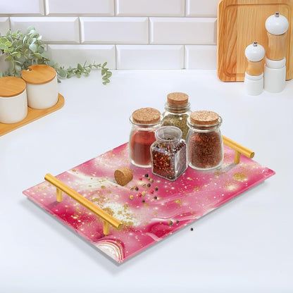 Golden Peach Waves Marble Decorative Beverage Tray with Handles Bed Serving Tray for Jewelry Perfume for Coffee Tables, Office