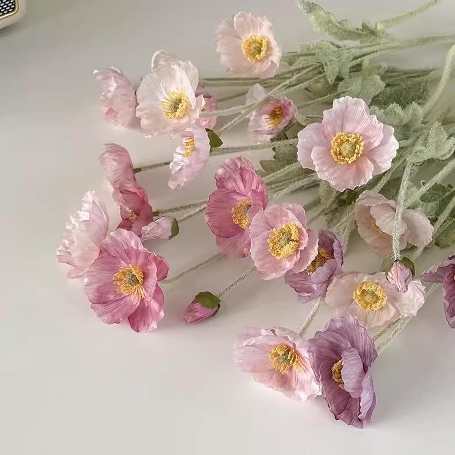 2 Pcs Artificial Fake Flowers Plants Poppies Silk Flower Arrangements Wedding Bouquets Decorations Plastic Floral Table Centerpieces for Home Kitchen Garden Party Decor Approx 23.6" High - Light Pink