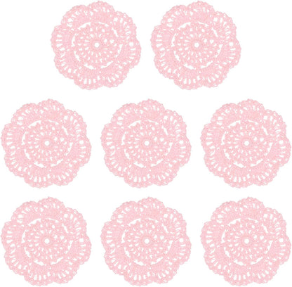 M METERXITY 8-Pack Handmade Crochet Coasters, 4Inch/10cm Round Cotton Placemats for Table/Cup/Bowl/Vase/Tea Trays/Home Decoration, Lace Doilies Place Mats [Light Pink]