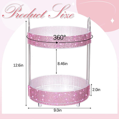 Honeydak 360 Rotating Perfume Organizer for Mother Day Nurse Day Rhinestone Bathroom Counter Organizer Makeup Holder Skincare and Perfume Storage for Cosmetic Countertop(2 Tiers,Resin Stone,Pink)