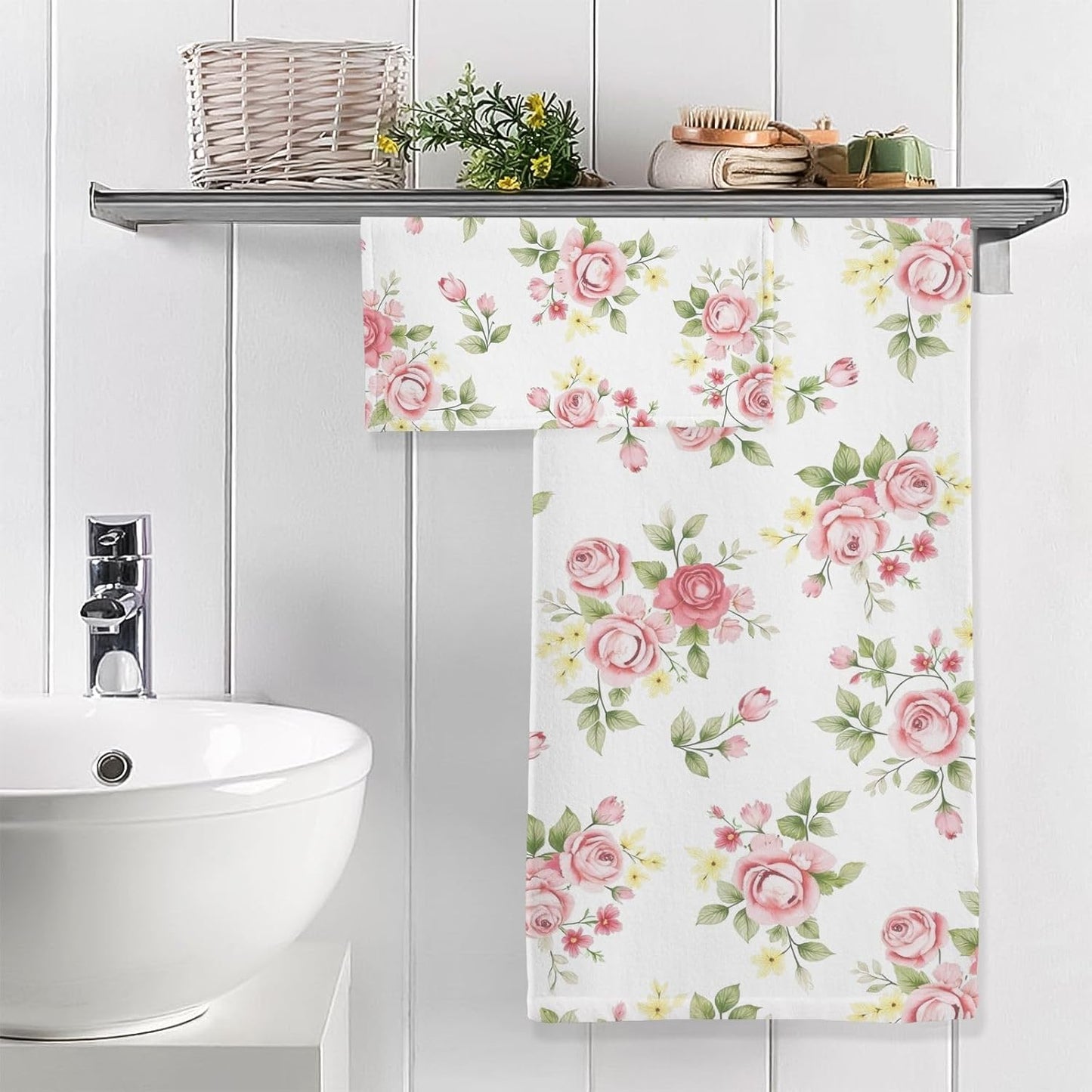 senya Flower Bath Towel Set, Pink Rose Flower Floral Cotton Bath Towels Soft Highly Absorbent Fast Drying for Bathroom Gym Hotel Beach, 1 Bath Towel 1 Washcloth