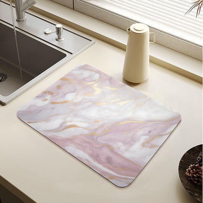 Pink Marble Dish Drying Mat for Kitchen Counter Absorbent Microfiber Small Drying Pad Dish Mats for Kitchen Countertops 15.7x11.8 Inch