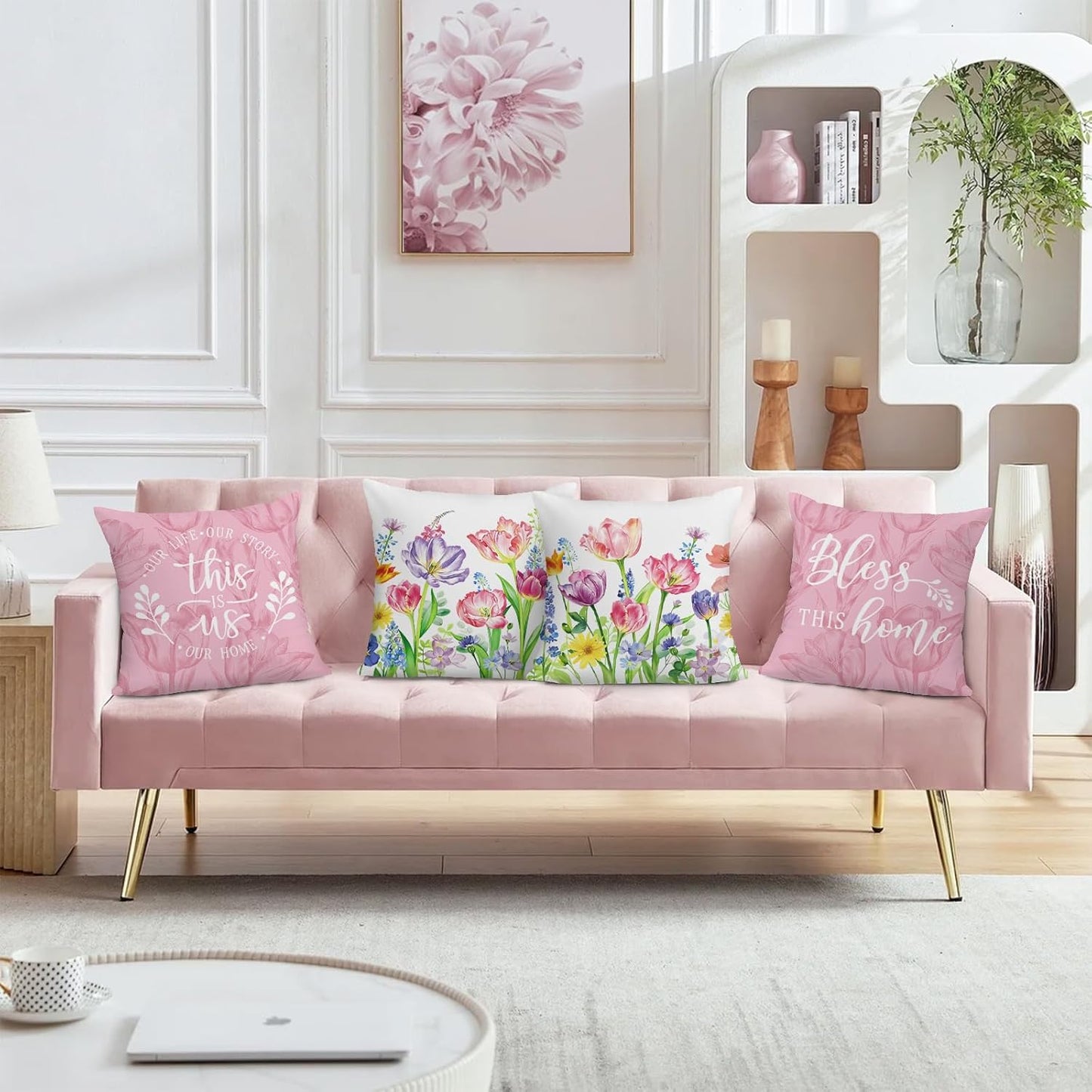 Bonhause Pink Purple Tulips Floral Throw Pillow Covers 18 x 18 Inch Spring Summer Flowers Leaves Decorative Pillows Case Soft Velvet Cushion Covers for Outdoor Couch Sofa Garden Decor Set of 4
