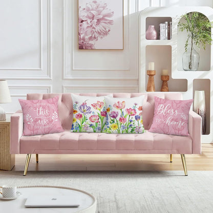 Bonhause Pink Purple Tulips Floral Throw Pillow Covers 18 x 18 Inch Spring Summer Flowers Leaves Decorative Pillows Case Soft Velvet Cushion Covers for Outdoor Couch Sofa Garden Decor Set of 4
