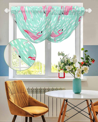Waterfall Valances for Windows, Green Flamingo Transparent Swag Valance Curtains for Living Room Kitchen, Polka Dot Modern Art Sheer Drapes Curtains for Bedroom,38.5"x47.2",3 Panels