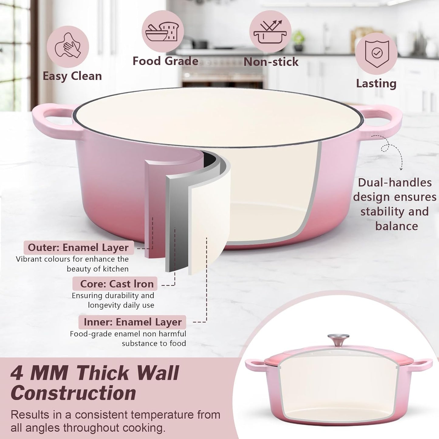P&P CHEF Oval Dutch Oven with Lid, Enameled Cast Dutch Oven Pot for Bread Baking, Braising, Stewing, Roasting, Non-Stick & Oven Safe, Dual Handles & Easy Clean, 5QT & Pink, Valentine's Day
