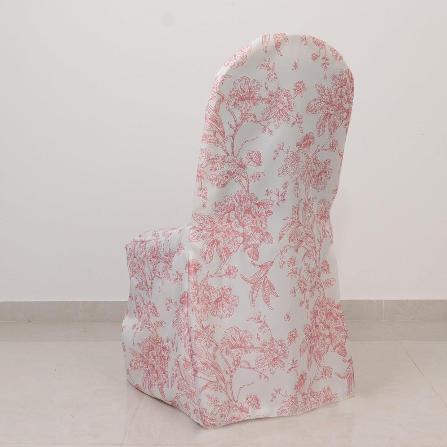 Efavormart 10 Pack Polyester Banquet Chair Covers – White Pink French Toile Pattern, Reusable Stain-Resistant Slip-On Slipcovers