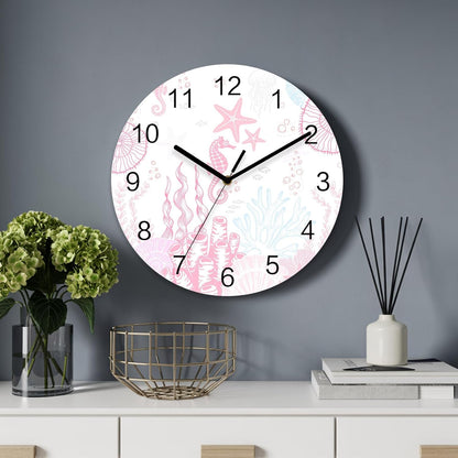 Ocean Wall Clock Battery Operated Non-Ticking 10" Round Wood Clocks, Seahorse Coral Shell Starfish Pink Kitchen Wall Clock for School Bathroom Living Room Home Office Wall Decor