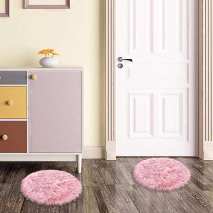 15.7 Inches Mini Pink Round Faux Fur Sheepskin Area Rug, Fluffy Small Circle Rugs Cushion for Chair, Furry Carpet for Nail Desk, Shaggy Circular Rug Plush Rug