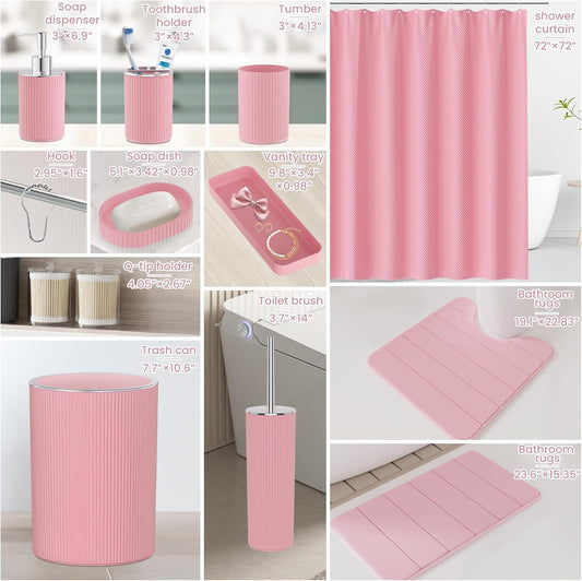 Light Pink Bathroom Accessories Set - Bathroom Sets, 25PC Bath Accessory Set, Bathroom Sets with Push Top Trash Can, Shower Curtain and Rugs, Toilet Brush, Trash Can & Soap Dispenser