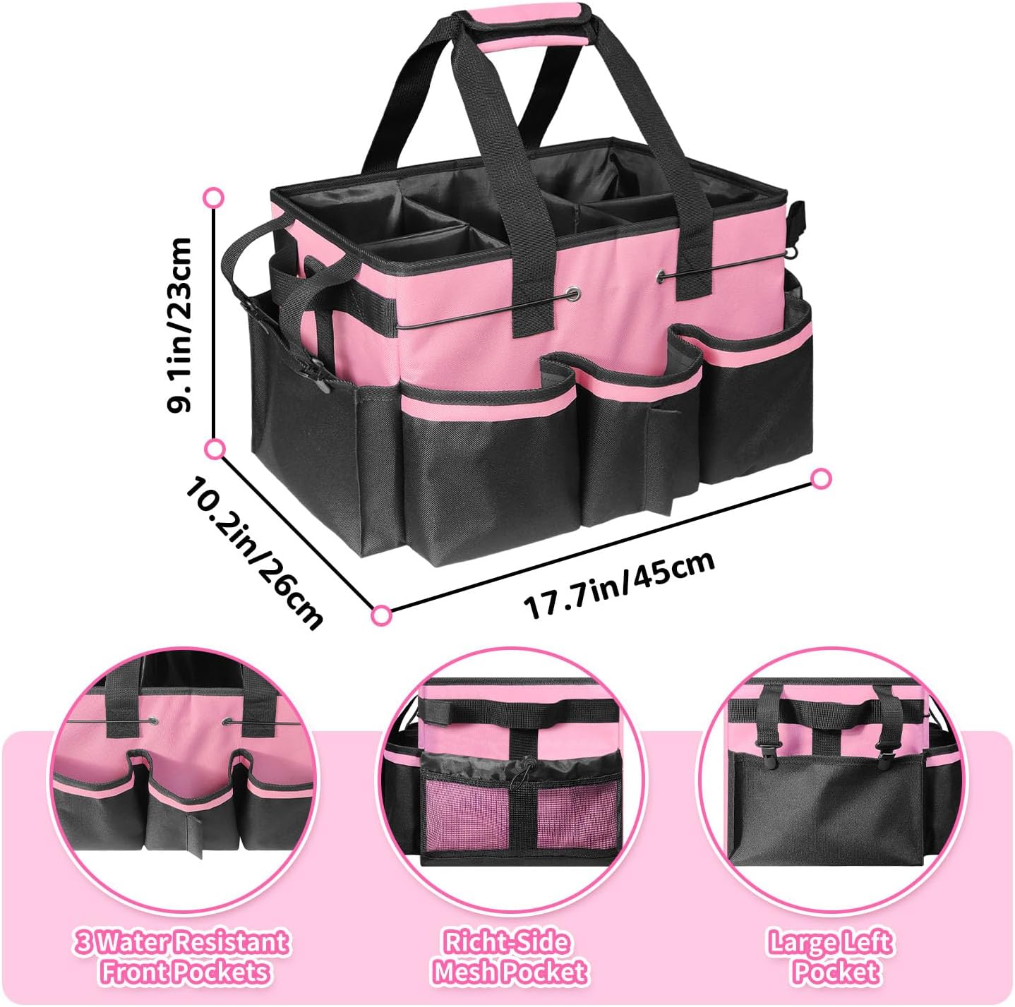 Grekos Large Cleaning Caddy Bags, Cleaning Caddy Suppliers Organizer with 4 Detachable Divider, Supply Caddy With Adjustable Shoulder Strap & Waist Belt For Housekeepers, Home, Car(Pink)