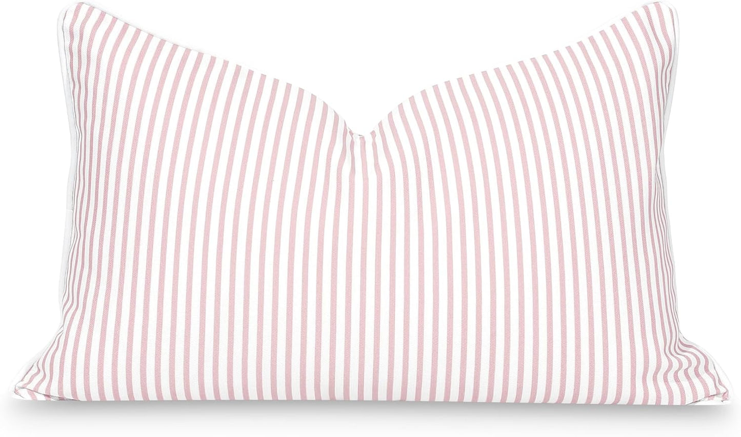 Hofdeco Premium Coastal Patio Indoor Outdoor Lumbar Pillow Cover Only, 12"x20" Water Repellent for Backyard, Couch, Blush Pink Stripe