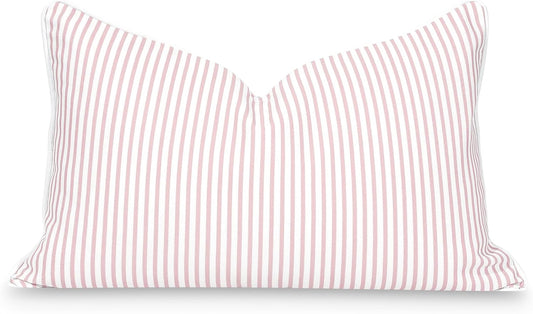 Hofdeco Premium Coastal Patio Indoor Outdoor Lumbar Pillow Cover Only, 12"x20" Water Repellent for Backyard, Couch, Blush Pink Stripe
