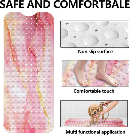 LNOND Marble Bath Tub Mat Non Slip, Extra Long 40 X 16 Inch Anti Slip Mat for Bathtub, Pink Gold Marble Shower Mat with Drain Holes and Suction Cups, Machine Washable