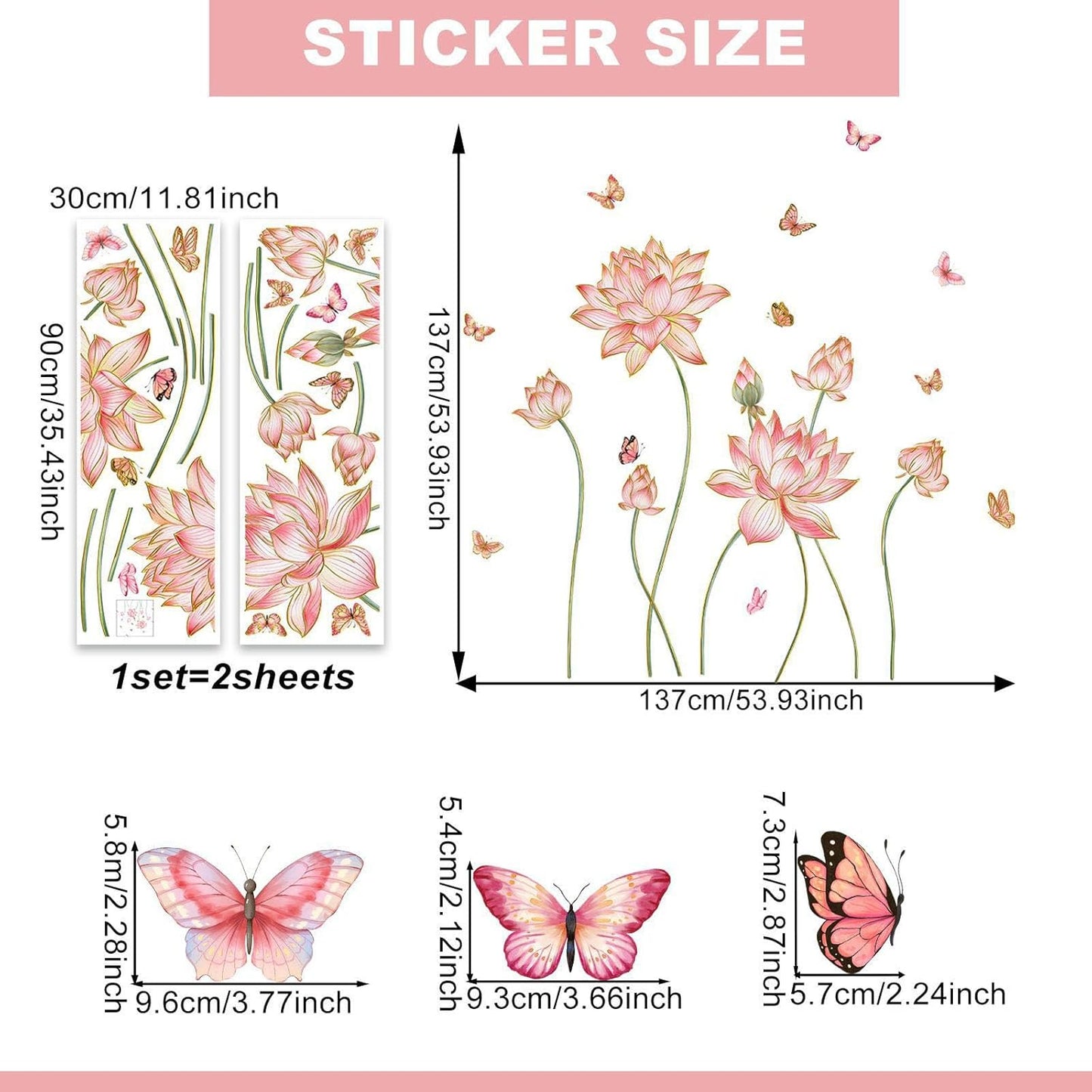 Gold Flower Wall Decals Blue Pink Floral Wall Sticker Creative Lotus Peel and Stick Removable Wall Art Decor for Living Room Bedroom Home Office (PinkLotus)