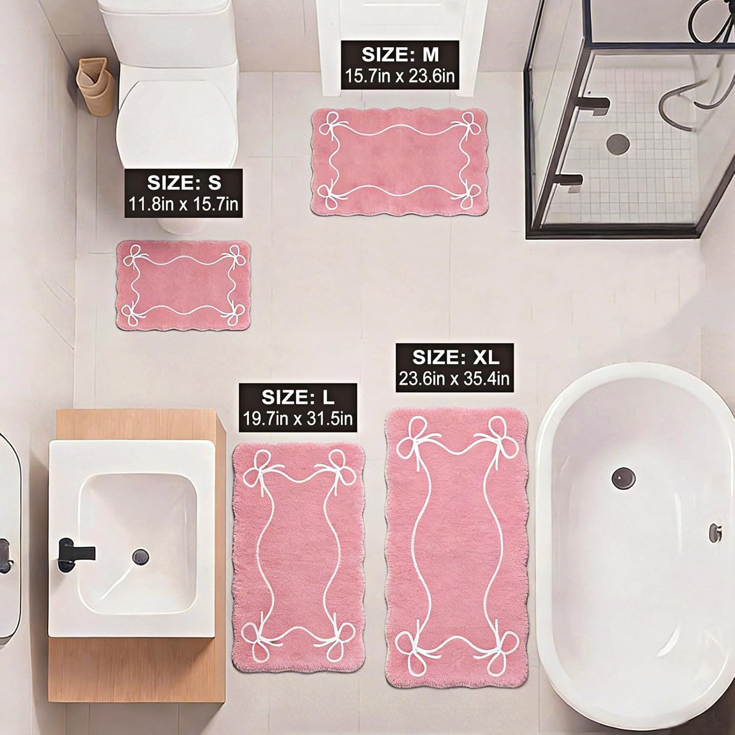 Light Pink Bow Bath Mat Cute Bathroom Rugs, Soft Absorbent Bow Carpet, Girly Bathroom Decor Rugs Non Slip & Machine Washable