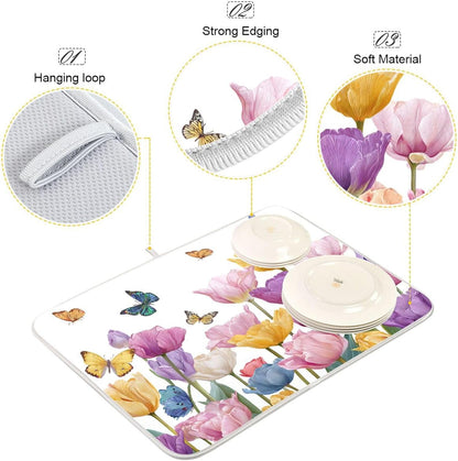 Light Pink Tulips Butterfly Dish Drying Mat for Kitchen Counter Drainer Rack Mats for Dishes Washable Absorbent Draining Heat Resistant Pad for Countertop 16 x 18
