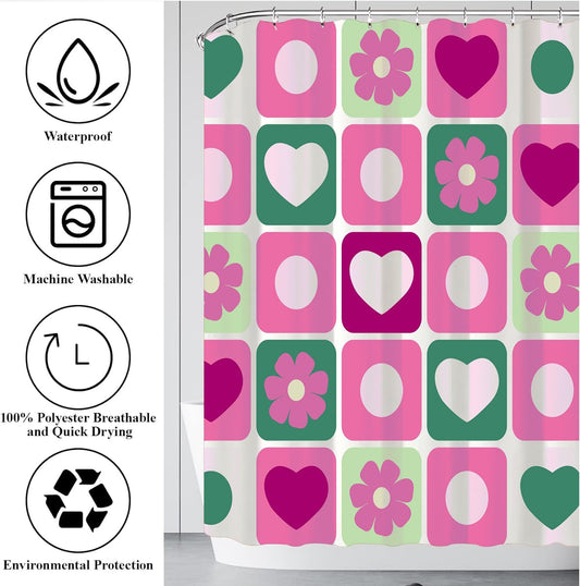 Checkered Shower Curtain Retro Abstract Geometric Boho Pink Flower Shower Curtain for Bathroom Decor Waterproof Fabric with Hook 72X72 Inch