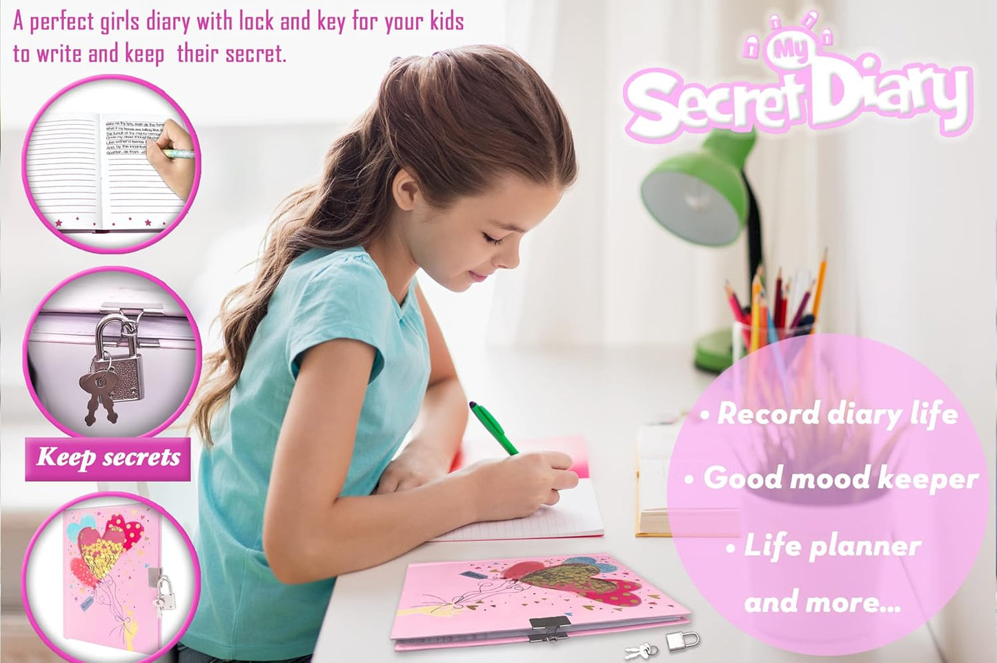 GINMLYDA Girls Diary with Lock, 5.5 x 7 Inches Pink Notebook for Kids 160 Pages Secret Girls Journal for Kids Cute Small Notebook for Children Writing Drawing Birthday Girls Gifts for 5-10 Years Old