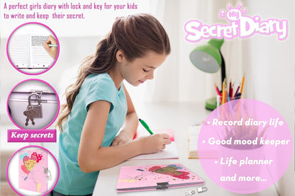 GINMLYDA Girls Diary with Lock, 5.5 x 7 Inches Pink Notebook for Kids 160 Pages Secret Girls Journal for Kids Cute Small Notebook for Children Writing Drawing Birthday Girls Gifts for 5-10 Years Old