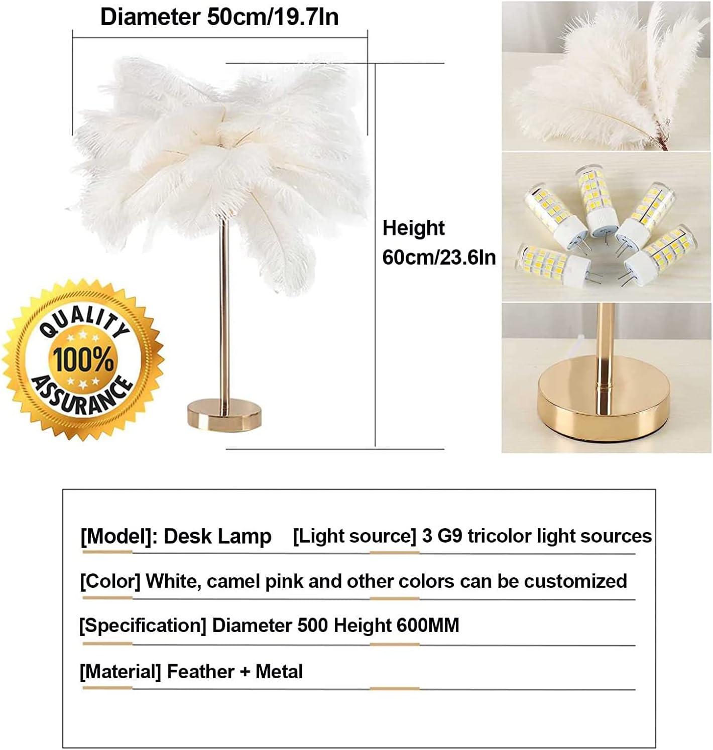Nordic Luxury Feather Table Lamp Bedside Living Room Desk Table Lights Indoor Lighting Ostrich Feather Stand Light Night Light 3 Level Brightness for Bedrooms Study Rooms Living Rooms (Pink)
