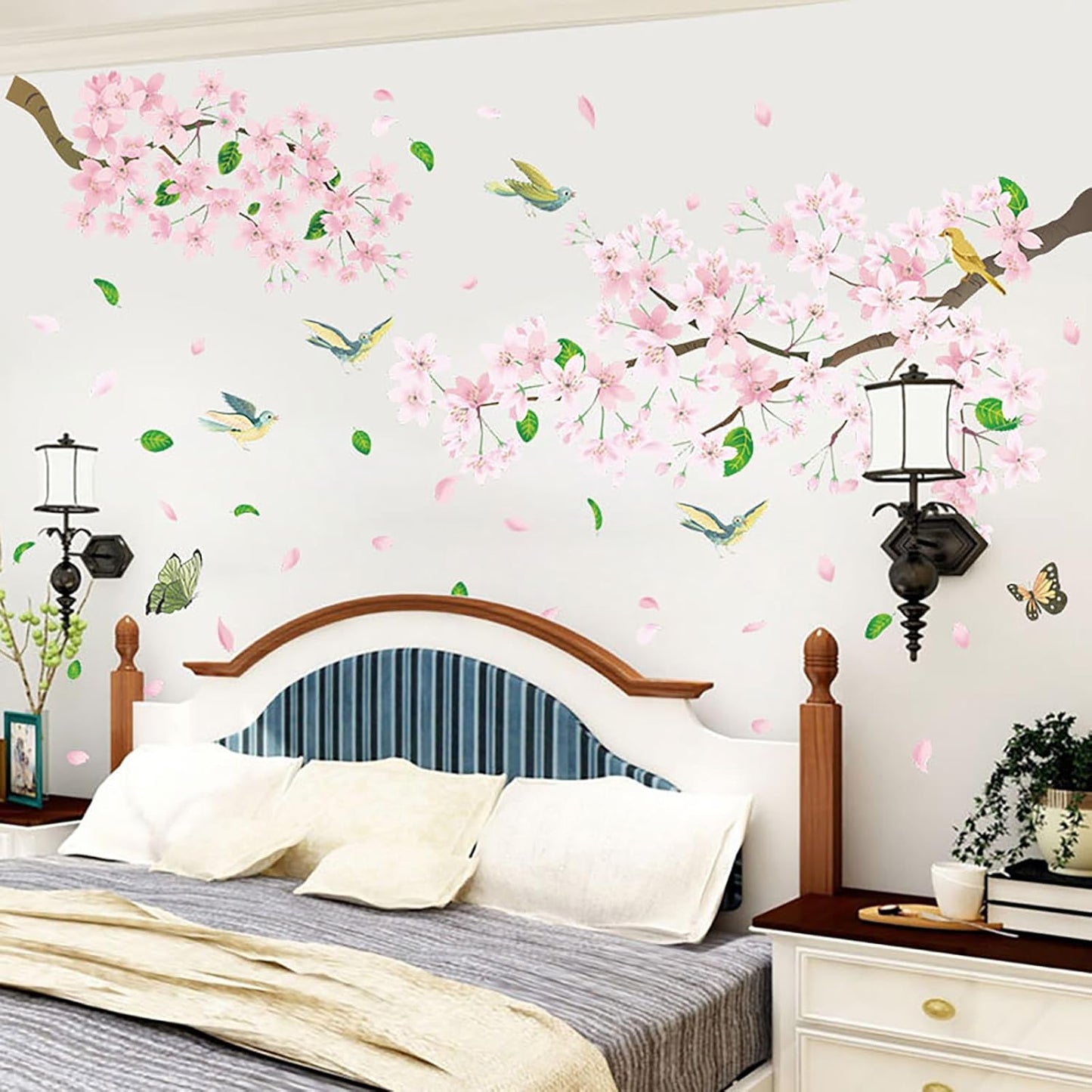 Peach Blossom Flower Wall Decals Pink Floral Bird Tree Branch Wall Sticker Creative Peel and Stick Removable Wall Art Decor for Living Room Bedroom Home Office (PeachBlossom)