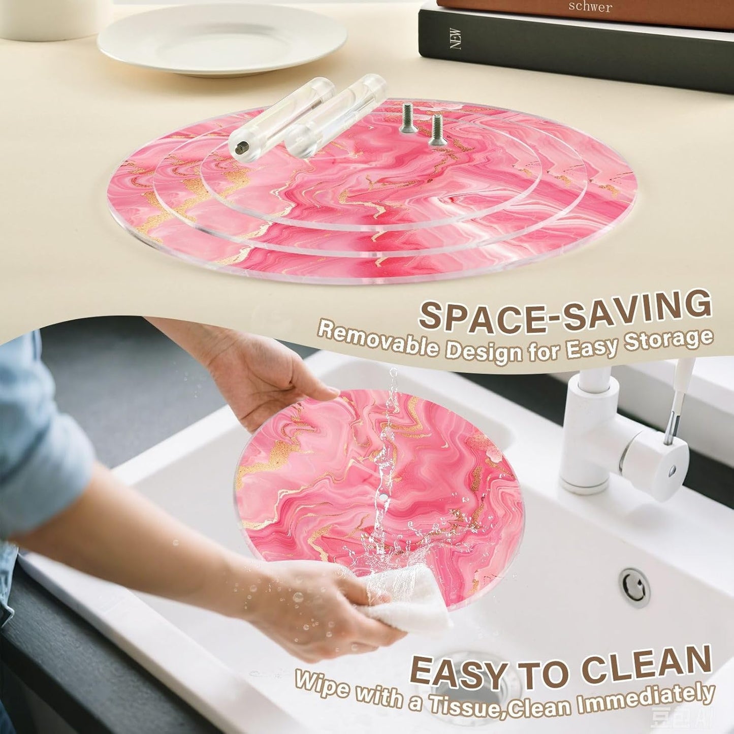 Peach Marble Circular Acrylic Tray Waterproof Display Stand Party