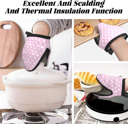 Oven Mitts Heat Resistant, Light Pink Polka Dot Print B Lining Silicone Mini Oven Mitts, Soft Kitchen Gloves Heat Resistant 500℉ for Cooking Baking Microwave with HangingLoop