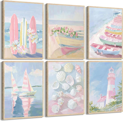 6Pcs Pink Coastal Canvas Wall Art, Preppy Seaside Sailboats Painting Pictures Wall Decor, Trendy Beach Surfboard Poster Print Artworks for Girly Living Room, Dorm, Home Decoration 8x10in Unframed