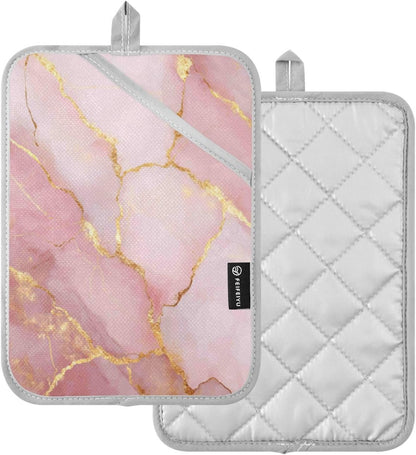 Kitchen Potholder Light Pink Marble Stone Pot Holders Set of 2 Heat Resistant Potholders Oven Hot Pads with Pockets for Countertop Trivet Baking Cooking BBQ