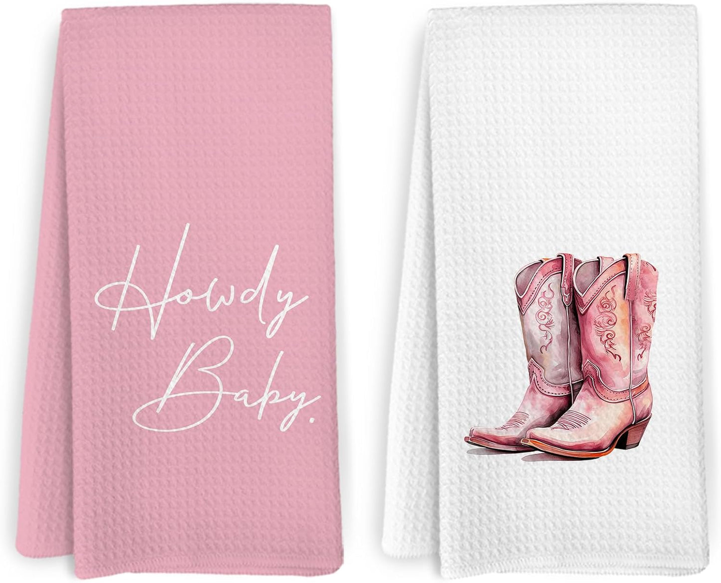 Pink Howdy Baby Cowgirl Kitchen Towels and Dishcloths Set of 2, Preppy Bathroom Decor, Preppy Dish Towels, Western Boots Decorative Hand Tea Towels for Girls Bathroom Kitchen, 16×24 Inch