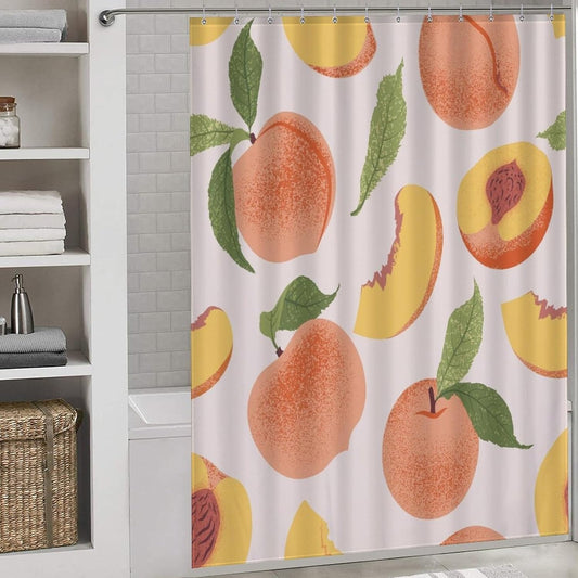 Peach Shower Curtain Cute Bright Colorful Fruits Green Leaves Abstract Aesthetic Art Print Waterproof Bath Curtain for Bathroom Decor with 12 Hooks 72x72 Inch